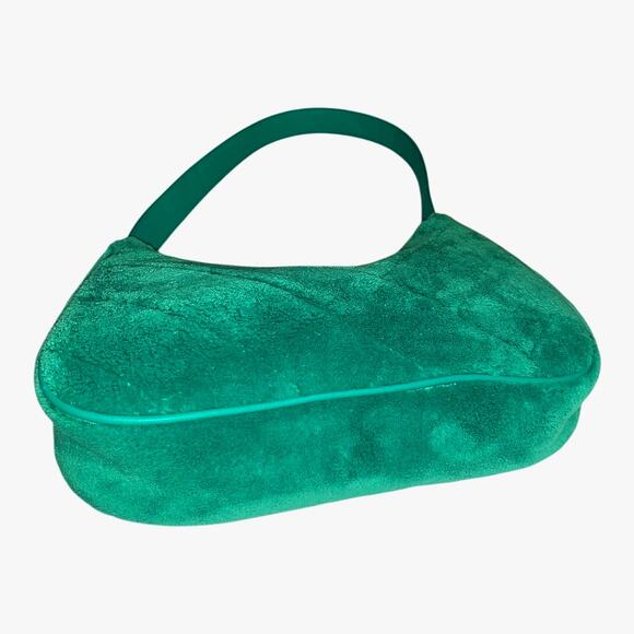 Vtg H&M Emerald Green Quilted Fuzzy Plush Hobo Handbag Lined Crescent Gold Zip - Picture 2 of 5